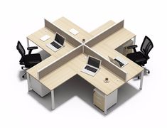 an office cubicle with four desks and two chairs