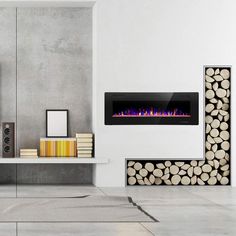 a living room with white walls and fireplace