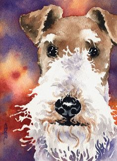 a watercolor painting of a dog's face on a purple and red background