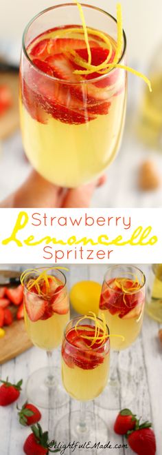 strawberry lemonade spritzer in glasses with strawberries