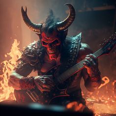 a demonic demon with horns playing an electric guitar in front of a blazing fire background