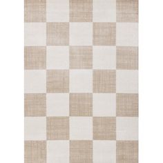 a beige and white rug with checkered pattern on the bottom, in front of a white background