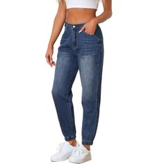 These pants is made up of several design points: high waist, elastic waist back, washed denim, elastic ankle cuff design, casual jogger jeans with side pockets, suitable for most of shape body. Elastic ankle cuffs, Pull on and button closure, basic denim pants. You can pair it with your favorite wedges or heels for that effortless stylish look. Also, you can add sneakers for a casual jogging style, an essential for every fashion women or girl. Occasion: Casual, dating, work, street, traveling, s Jeans With Side Pockets, Jogging Style, Denim Jogger Pants, Casual Dating, Cuff Design, Casual Joggers, Denim Joggers, Ankle Cuffs, Washed Denim