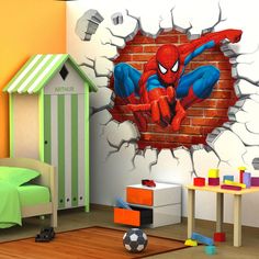 a spiderman wall sticker on the side of a brick wall in a child's bedroom