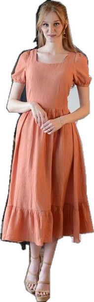 Elegant Apricot Dress With Ruffles, Chic Apricot Dresses With Ruffles, Chic Apricot Dress With Ruffles, Peach Ruffled Midi Dress For Garden Party, Chic Peach Ruffled Midi Dress, Feminine Peach Midi Dress With Ruffles, Chic Peach Midi Dress With Ruffles, Casual Flowy Apricot Dress, Casual Apricot Midi-length Dress