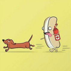 a cartoon dog running next to a sandwich with ketchup on it