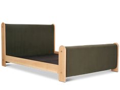 a wooden bed frame with green fabric on the top and bottom side, in front of a white background