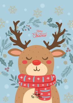 a christmas card with a reindeer wearing a scarf