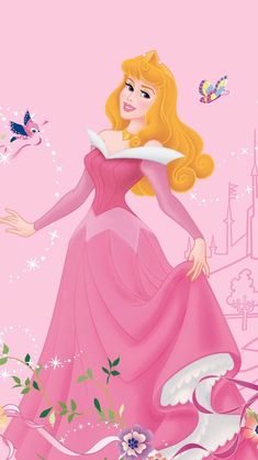 the princess in her pink dress is standing next to some flowers and butterflies on a pink background