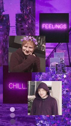 a collage of photos with the words feelings in purple and blue colors, including buildings