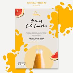 a flyer for a cafe with orange juice and watermelon slices on the side