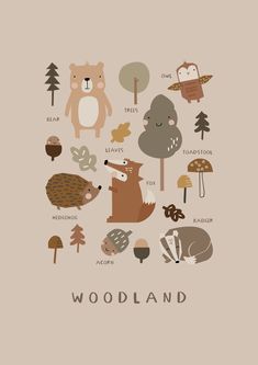 woodland animals are arranged in the shape of a circle on a beige background with words that read