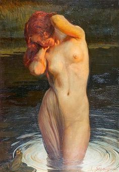 a painting of a naked woman in the water with her back turned to the camera