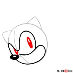 a drawing of a cat's head with red eyes and long tail, on a white background