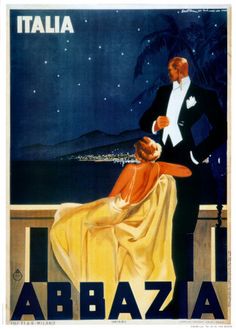 an italian poster shows a man in a tuxedo standing next to a woman