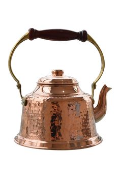 a copper tea kettle with a wooden handle