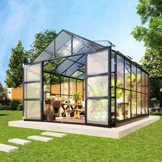 Brings you the perfect companion for your outdoor gardening adventures  a greenhouse that serves as a sunroom and a focal point in your backyard or garden! Product Name: Polycarbonate Greenhouse Product Dimensions: 10x12x8.4 FT Sunshine board material: Twin-wall polycarbonate panels Thickness of sunlight board: 6mm Frame Material: Aluminum Frame Thickness: 1.5mm Foundation Material: Steel Color: Black. Compound Living, Privacy Landscaping Backyard, Cool Backyard, House Additions, Aluminium Greenhouse, Winter Greenhouse, Patio Gardening, Outdoor Greenhouse, Potting Benches