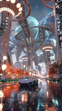 a futuristic city with lots of tall buildings