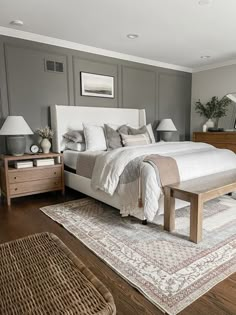 a bedroom with a large bed and two nightstands on either side of the bed