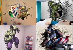 there are four different pictures of the same room in this house, including hulk and captain america