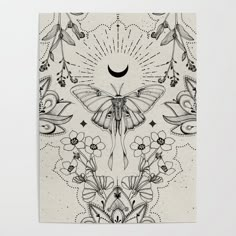 a black and white drawing of a butterfly with flowers on it's back ground