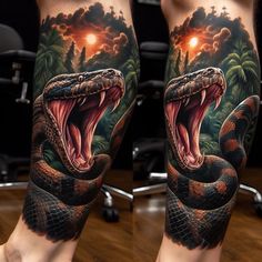 a man's leg with a snake on it and the sun in the background