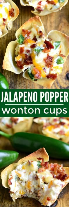 jalapeno poppers wonton cups on a cutting board with peppers in the background