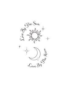 the sun, moon and stars are drawn in black ink