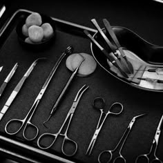 black and white photograph of surgical instruments on tray with utensils, spoons and other items