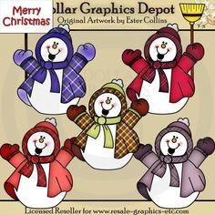 four snowmen with hats and scarves on their heads, all in different colors