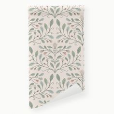 a wallpaper with green leaves on it and a white corner in the middle that says,