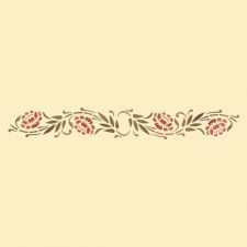 an ornate border with red flowers and leaves on cream background, in the center is a pink flower