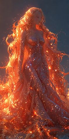 a woman in a long dress with fire flowing around her and hair blowing up into the wind