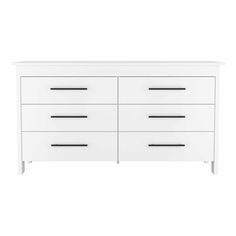 a white dresser with black handles and drawers