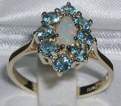 ad eBay - Find many great new & used options and get the best deals for Solid 14ct Yellow Gold Natural Opal & Blue Topaz Womens Cluster Ring at the best online prices at eBay! Free shipping for many products! Blue Topaz Engagement Ring, Floral Engagement Ring, Precious Opal, Topaz Engagement Ring, Natural Opal, October Birth Stone, Cluster Ring, Yellow Gold Rings, 18k Rose Gold