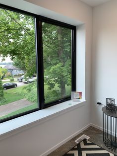 there is a black and white rug on the floor in front of a large window