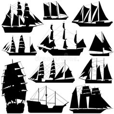 black and white silhouettes of sailing ships