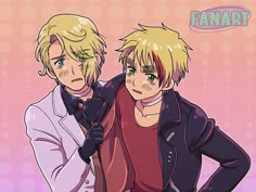 two young men standing next to each other in front of a pink background with the word fanart on it