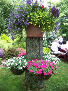 people sitting in chairs around a tree with flowers growing out of the top and bottom