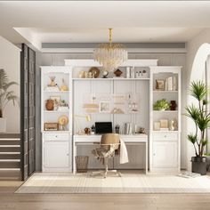 a room with white walls and shelves filled with plants, bookshelves and other items