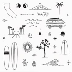 a black and white drawing of surfboards, trees, and mountains