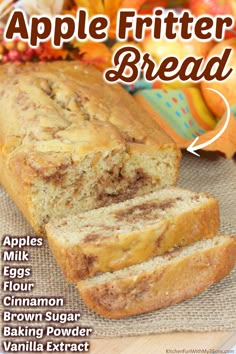 a loaf of apple fritter bread sitting on top of a wooden cutting board