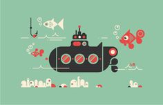 an illustration of a submarine surrounded by fish