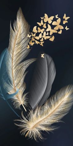 two feathers and some butterflies on a dark background with gold flakes in the air