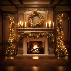 a fireplace decorated with christmas lights and wreaths