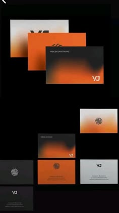 an orange and black business card is displayed on a black background with the letter y