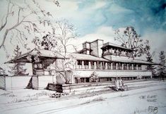 a drawing of a large building with trees in the front and two people standing outside