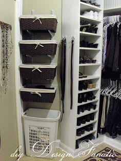 an organized closet with baskets and shoes