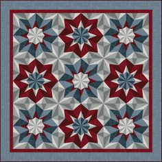 a red, white and blue quilt with many stars on the center is featured in this image