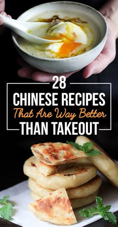 the words 28 chinese recipes that are way better than takeout in front of a bowl of soup